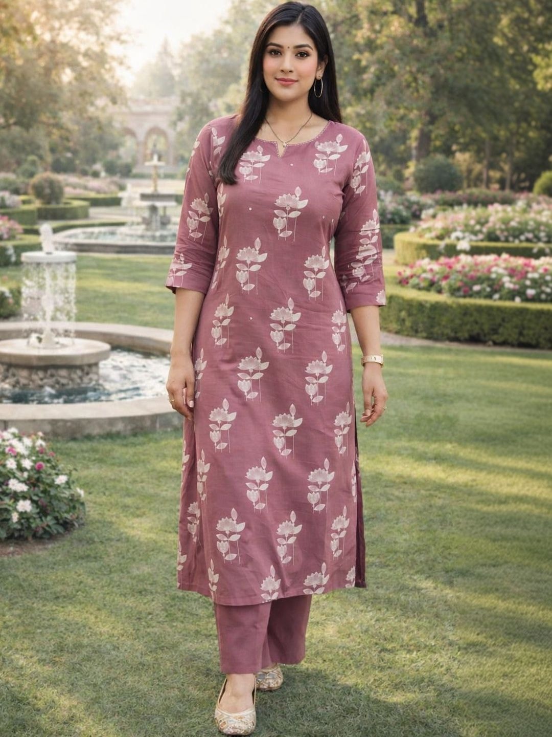 HERE&NOW Women Floral Printed Regular Pure Cotton Kurta with Trousers & With Dupatta