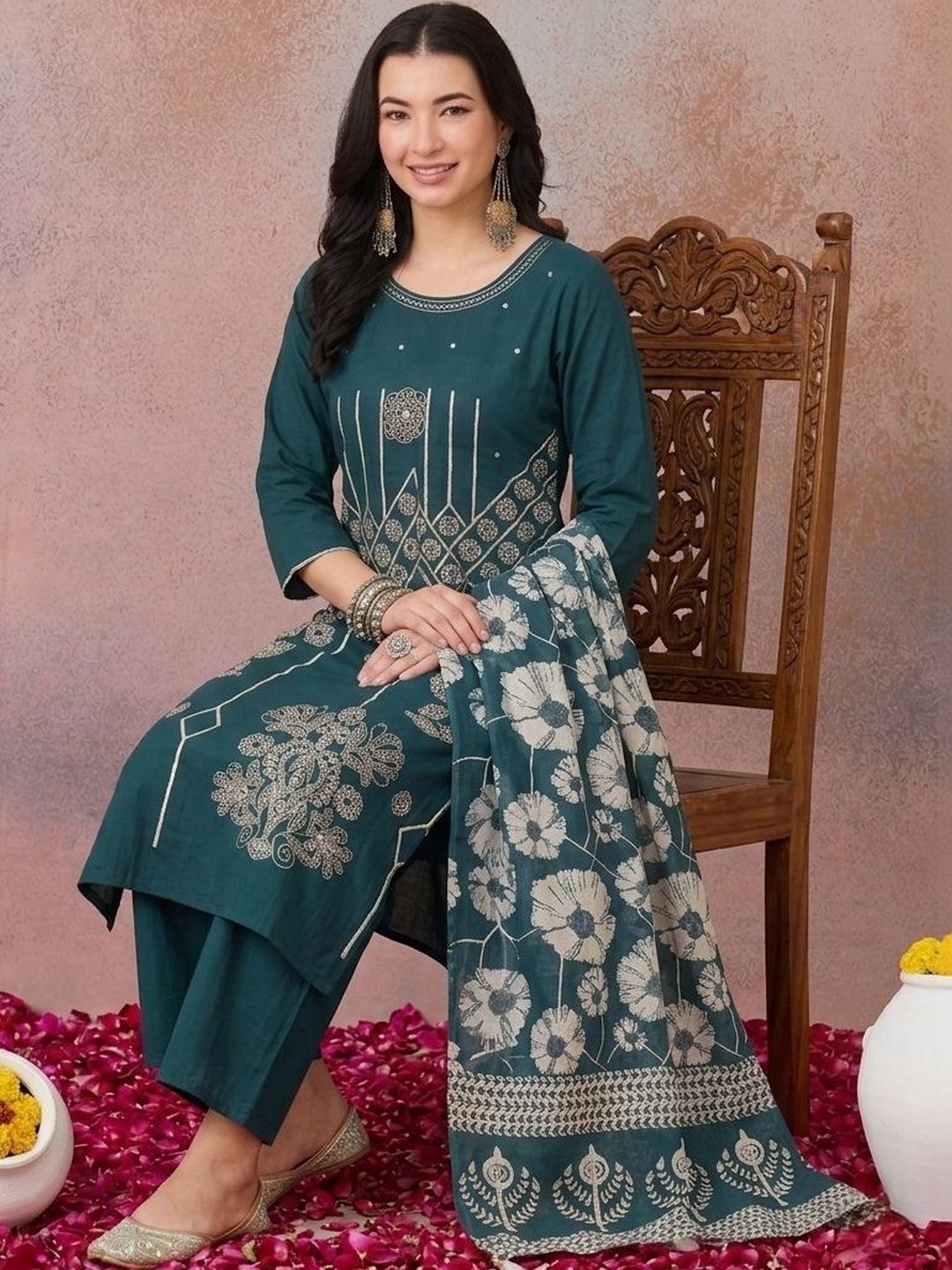 KALINI Women Ethnic Motifs Embroidered Regular Thread Work Pure Cotton Kurta with Trousers & With Dupatta
