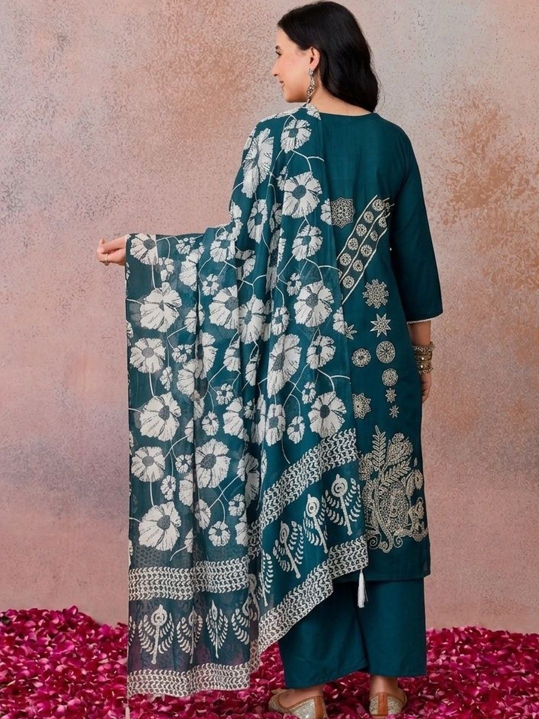 KALINI Women Ethnic Motifs Embroidered Regular Thread Work Pure Cotton Kurta with Trousers & With Dupatta