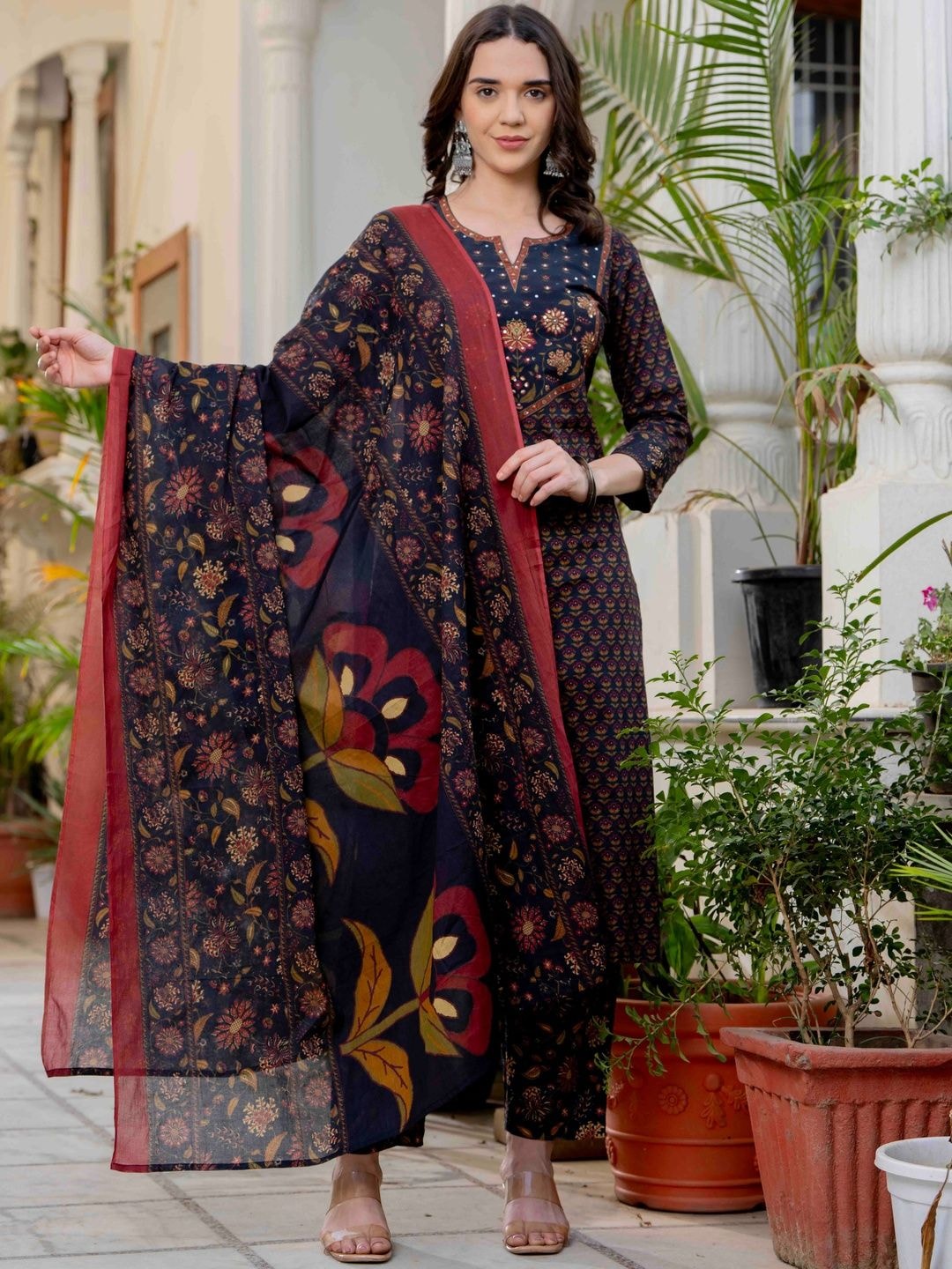 Pistaa Women Ethnic Motifs Printed Regular Pure Cotton Kurta with Trousers & With Dupatta