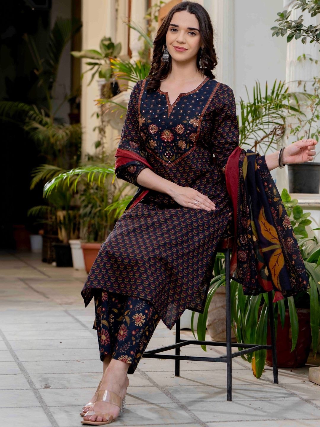 Pistaa Women Ethnic Motifs Printed Regular Pure Cotton Kurta with Trousers & With Dupatta