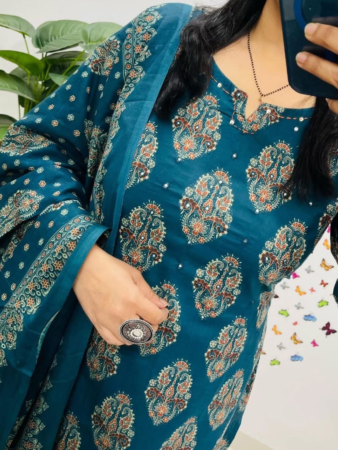 SRF JAIPUR Ethnic Motifs Printed Thread Work Pure Cotton Kurta With Trousers & Dupatta