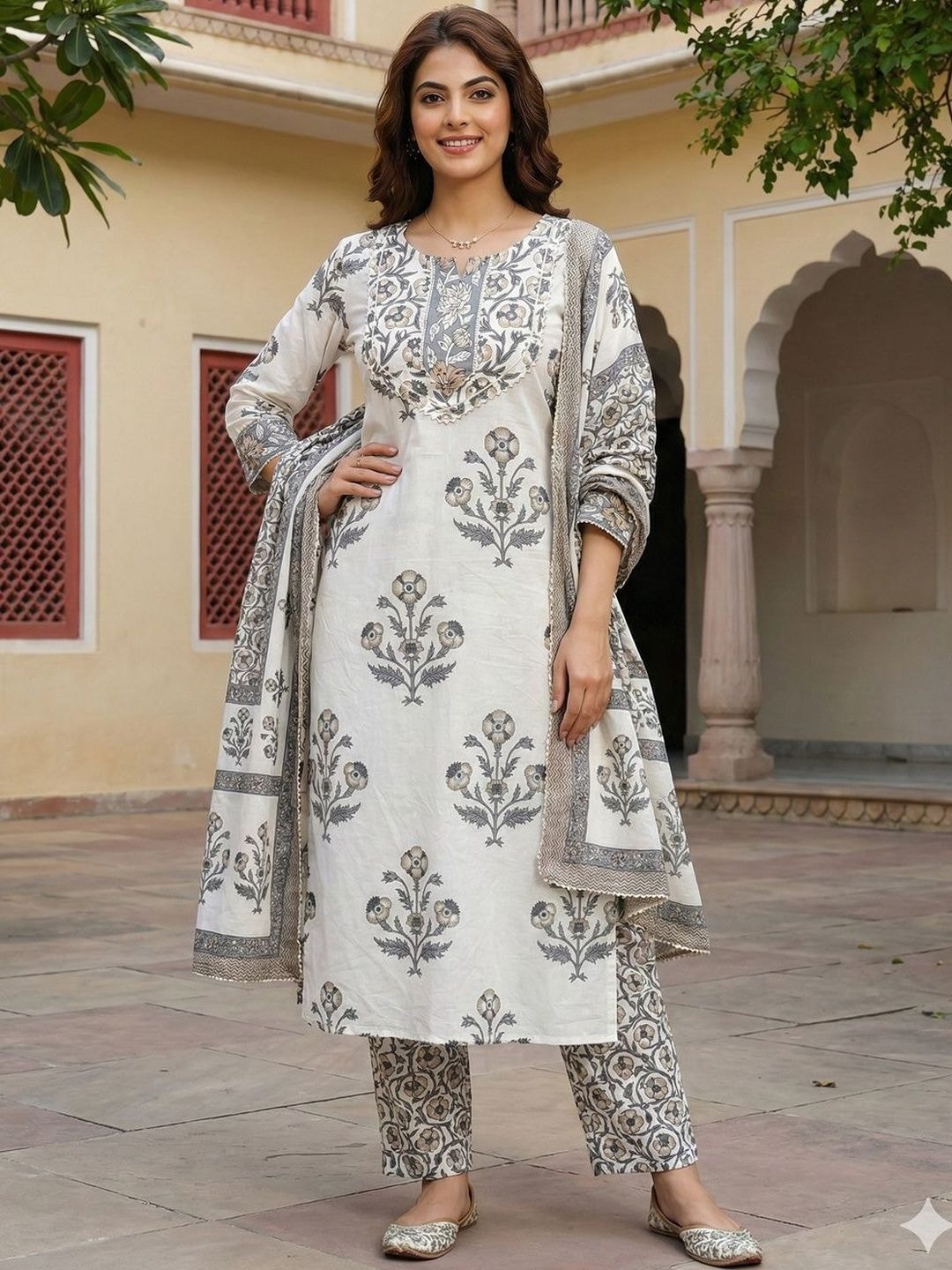 Anouk Women Floral Printed Regular Mirror Work Pure Cotton Kurta with Trousers & With Dupatta