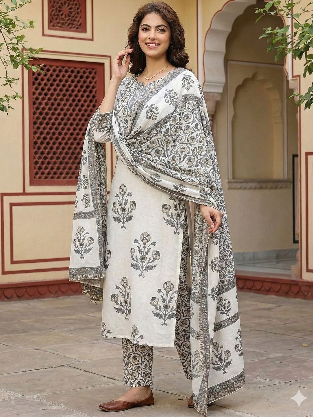 Anouk Women Floral Printed Regular Mirror Work Pure Cotton Kurta with Trousers & With Dupatta