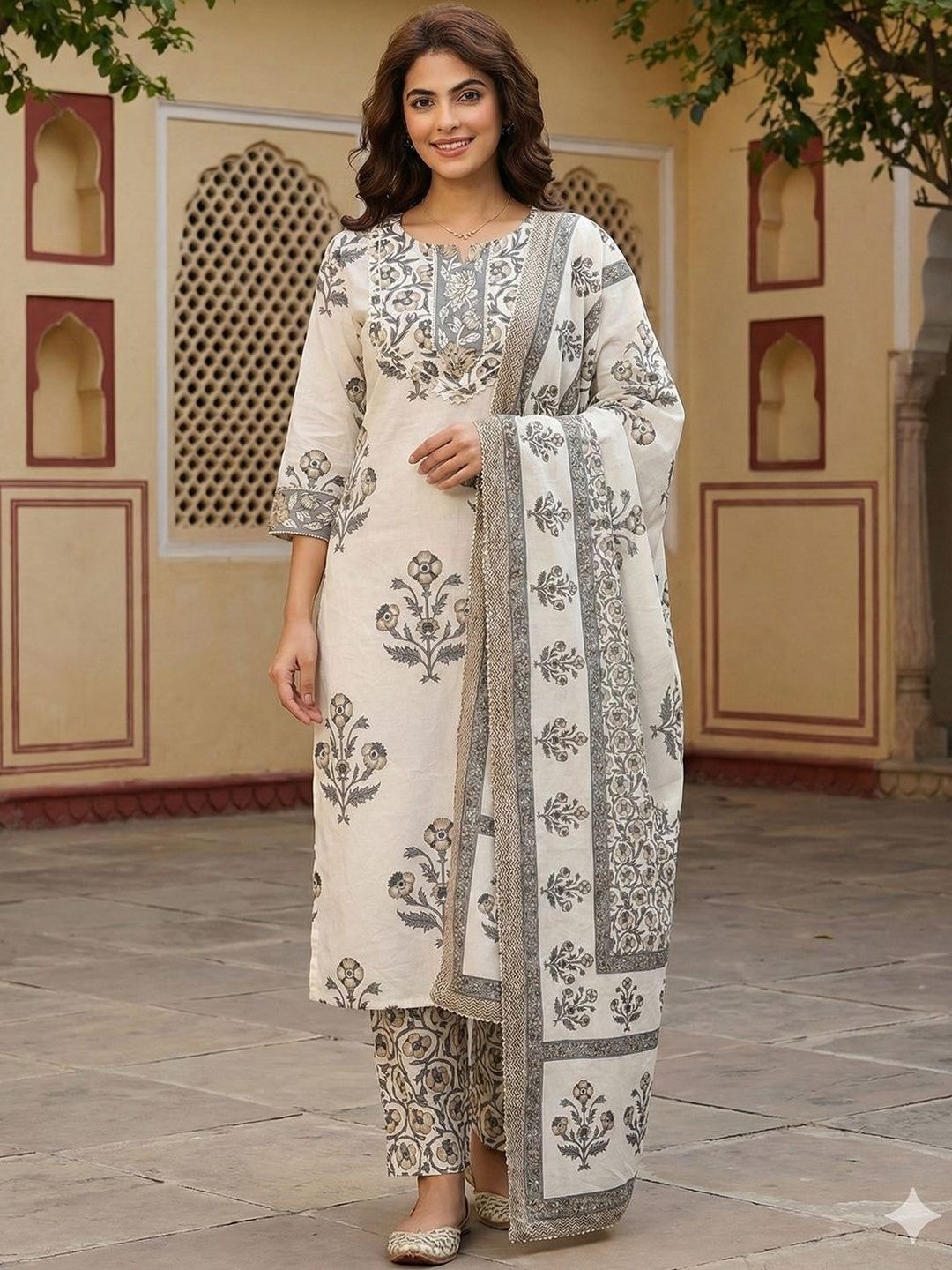 Anouk Women Floral Printed Regular Mirror Work Pure Cotton Kurta with Trousers & With Dupatta