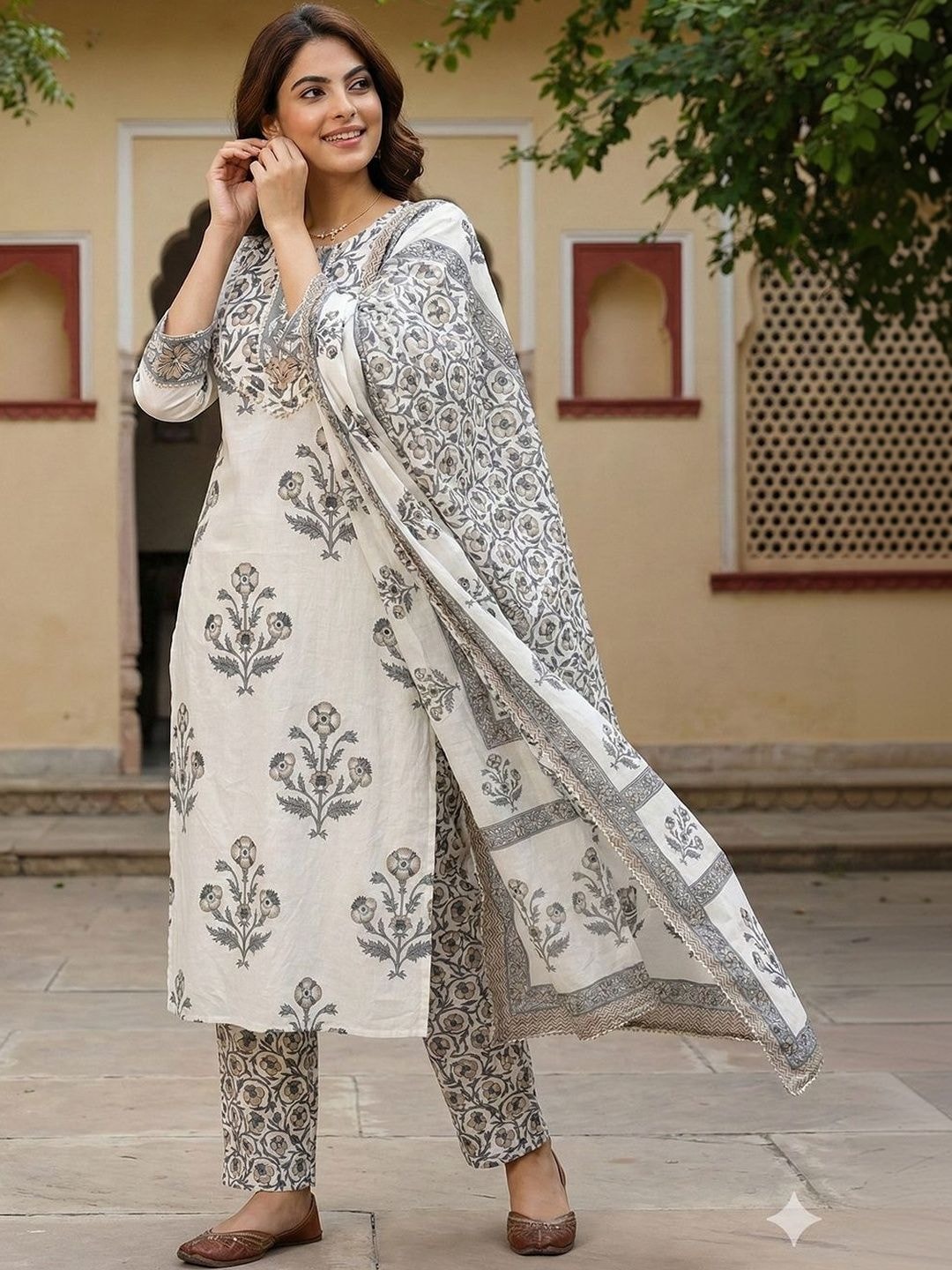 Anouk Women Floral Printed Regular Mirror Work Pure Cotton Kurta with Trousers & With Dupatta
