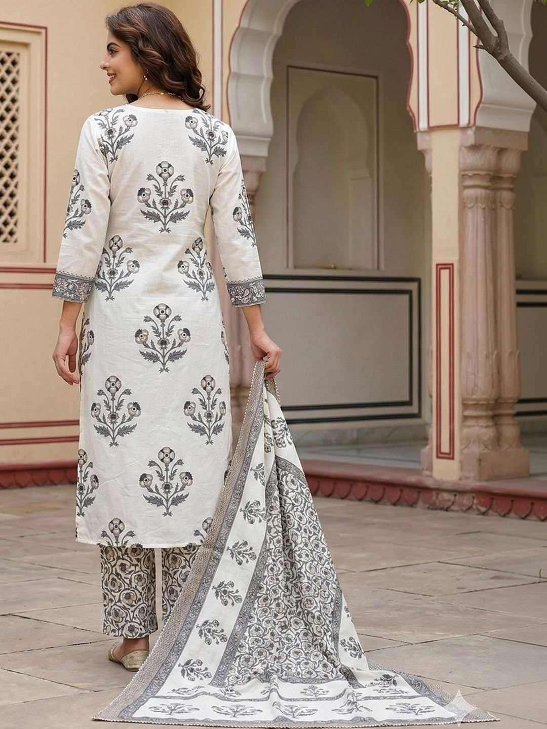 Anouk Women Floral Printed Regular Mirror Work Pure Cotton Kurta with Trousers & With Dupatta