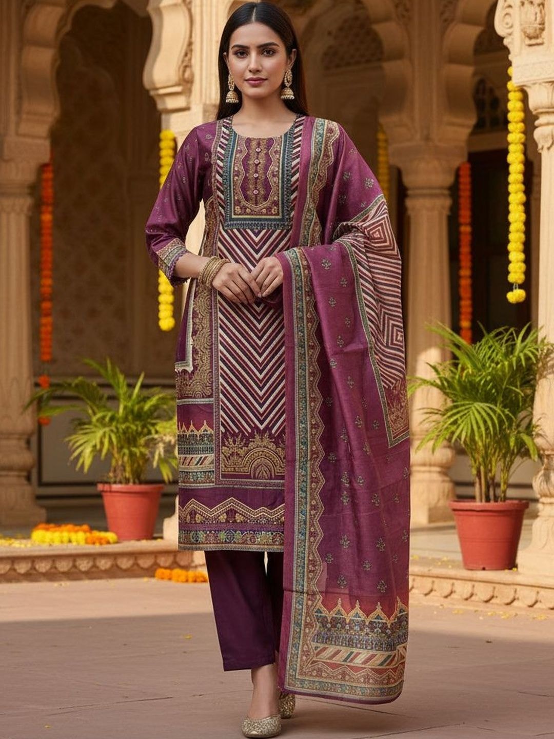 HERE&NOW Women Ethnic Motifs Printed Regular Kurta with Trousers & With Dupatta