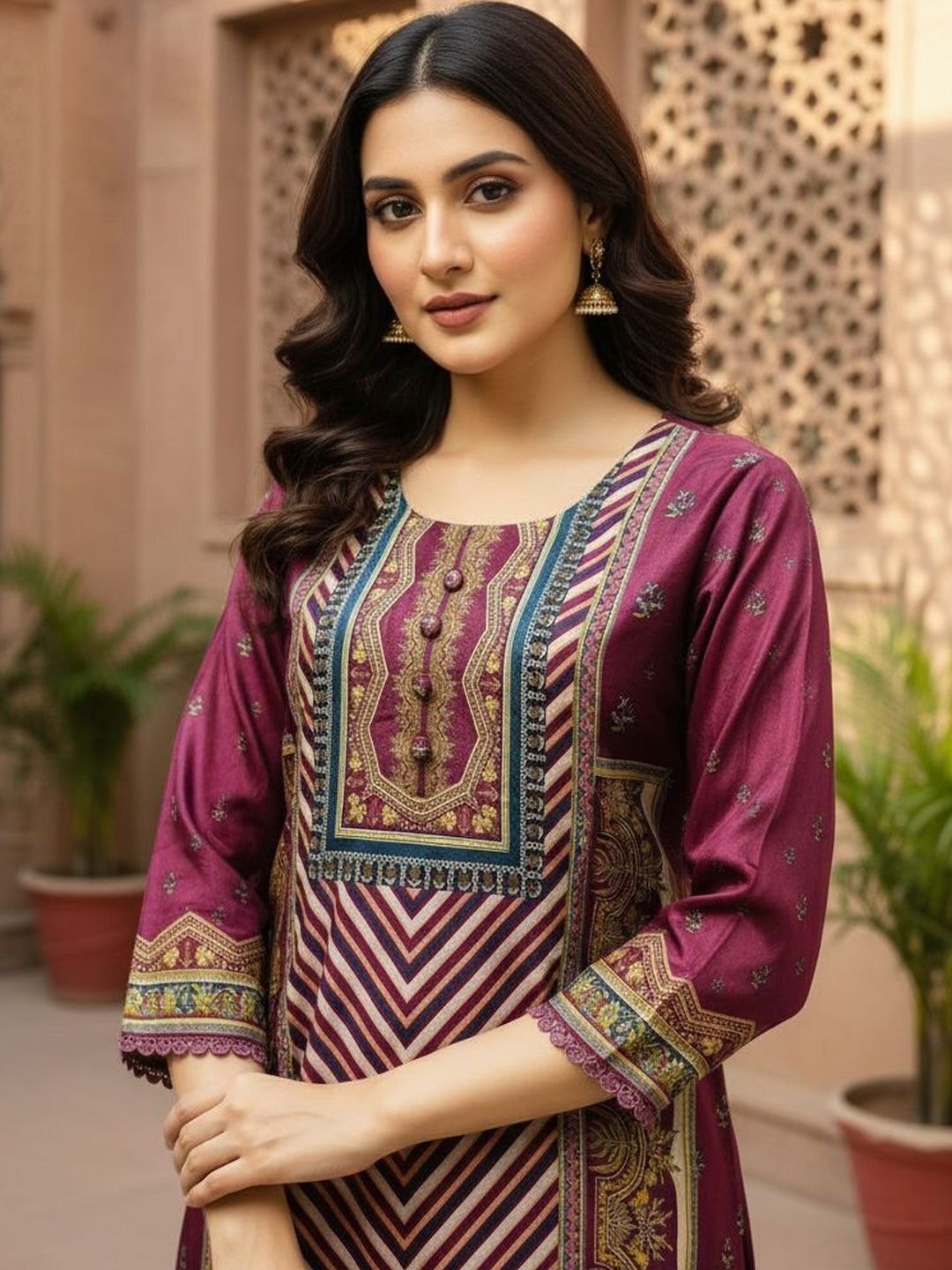 HERE&NOW Women Ethnic Motifs Printed Regular Kurta with Trousers & With Dupatta