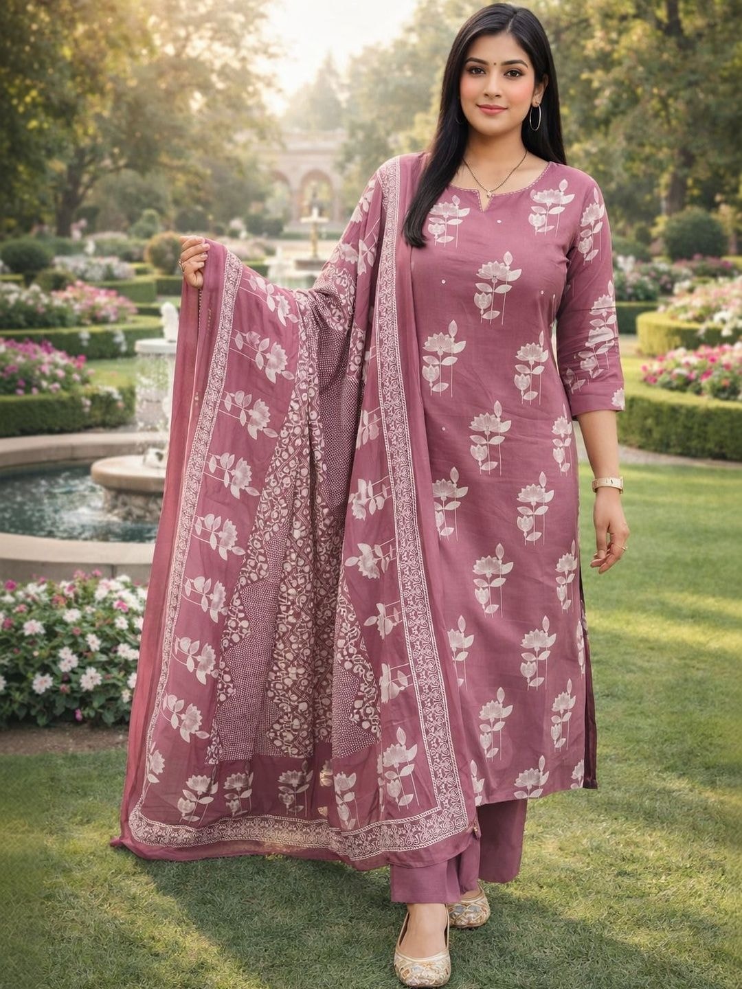 HERE&NOW Women Floral Printed Regular Pure Cotton Kurta with Trousers & With Dupatta