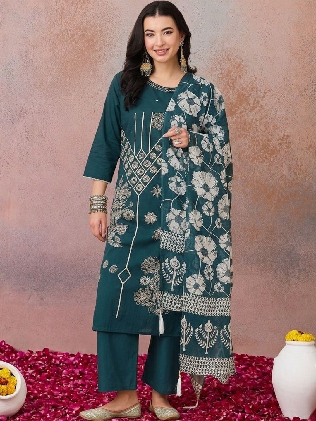 KALINI Women Ethnic Motifs Embroidered Regular Thread Work Pure Cotton Kurta with Trousers & With Dupatta