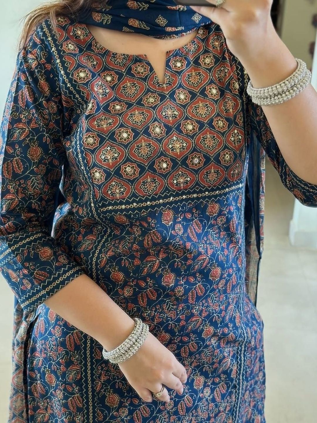 SRF JAIPUR Women Ethnic Motifs Printed Regular Mirror Work Pure Cotton Kurta with Trousers & With Dupatta