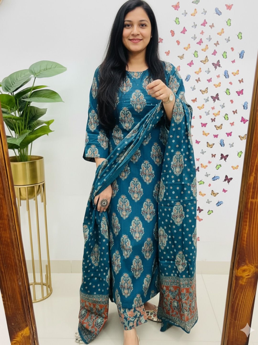SRF JAIPUR Ethnic Motifs Printed Thread Work Pure Cotton Kurta With Trousers & Dupatta